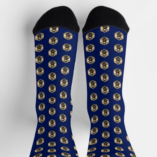 Honey Bee Pattern - Navy Blue & Taupe Klasse Retro Socken (Oben)