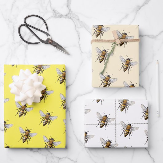 Honey Bee Pattern Yellow White Beige Geschenkpapier Set (Vorderseite)