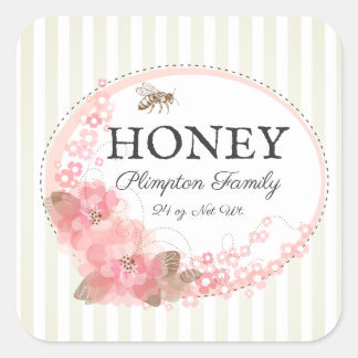 Honey Bee Rustic Floral Striped Beige Quadratischer Aufkleber
