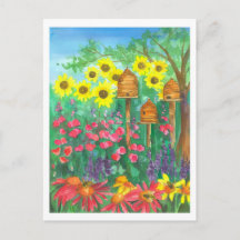 Honey Bee Skep Sunflowers Watercolor Garden