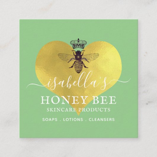 Honey Bee Skincare Gold Foil auf Grün Quadratische Visitenkarte (Vorderseite)