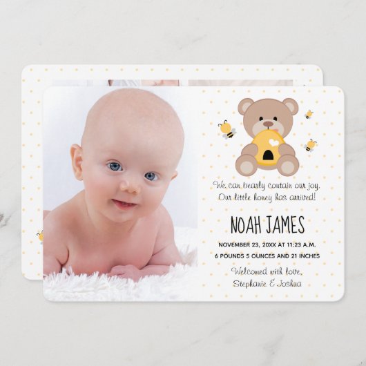 Honey Bee Teddy Bear Geburtsankündigung Ankündigung (Vorne/Hinten)