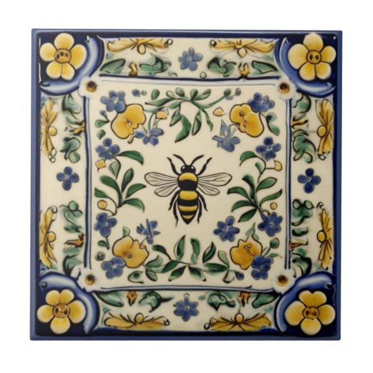 Honey Bee Traditional Blue Yellow Mediterranean Fliese (Vorderseite)