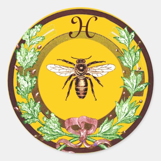 HONEY BEE, WREATH MIT OAK BLÄTTER MONOGRAM RUNDER AUFKLEBER (Vorderseite)