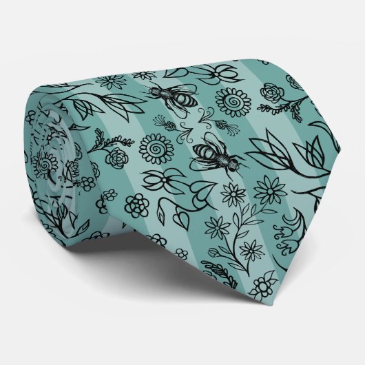 Honey Bees & Flowers Floral Pattern Sage Green Krawatte (Gerollt)