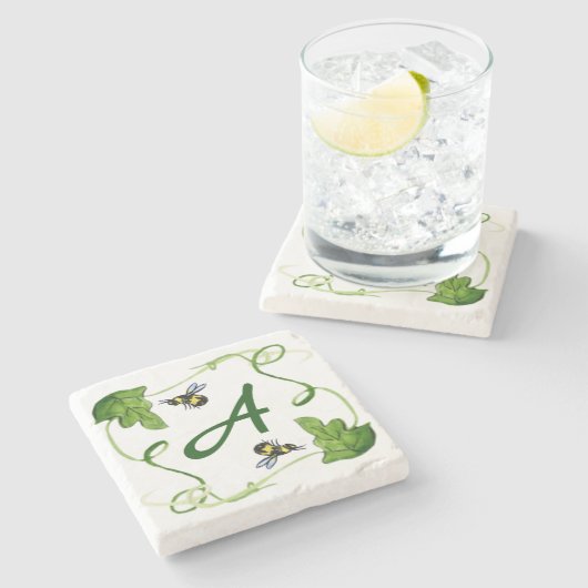 Honey Bees Green Leaf Custom Monogram Steinuntersetzer (Seitenansicht)