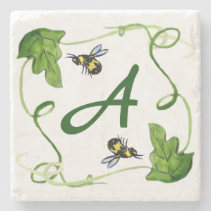 Honey Bees Green Leaf Custom Monogram Steinuntersetzer