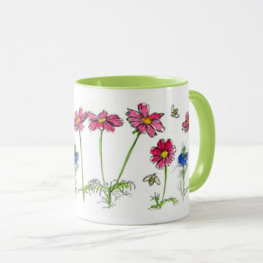 Honey Bees Pink Cosmos Wasserfarbe Blume Tasse (VorderseiteRechts)