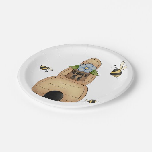 Honey Beve Hive mit Blue Blume und Bienen Pappteller (Schrägansicht)