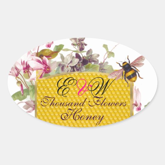 HONEY BEY, PINK CYCLAMEN BLUME BEEKEEPER MONOGRAM OVALER AUFKLEBER (Vorderseite)
