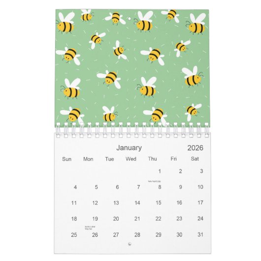 Honey Bumble Bee Green Pattern 2026 Kalender (Jan 2026)