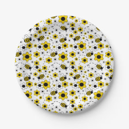 Honey Bumble Bee Yellow White Floral Pappteller