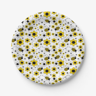 Honey Bumble Bee Yellow White Floral Pappteller