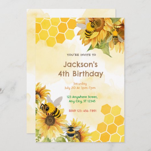 Honey Comb Bees Birthday Party Einladung (Vorne/Hinten)