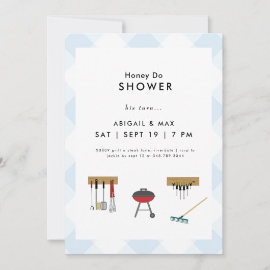 Honey Do Couples Blue Kariert Polterabend Einladung (Vorderseite)
