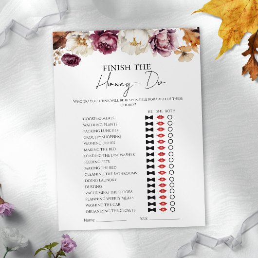 Honey Do List Fall Floral Brautparty Game Card Einladung