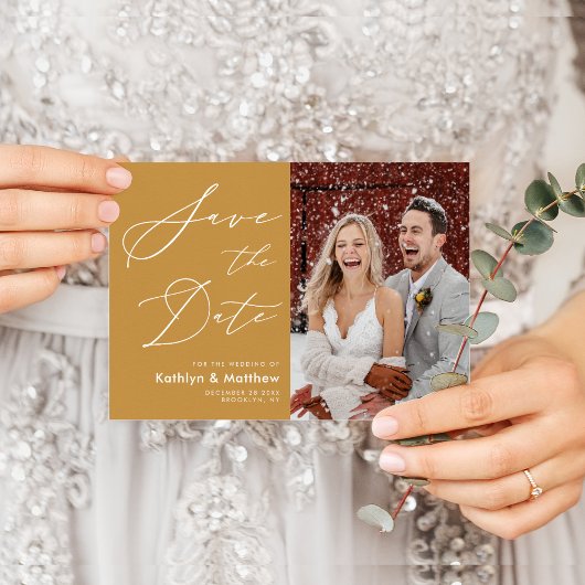 Honey Gold Elegante Script Modernes Foto Hochzeit Save The Date