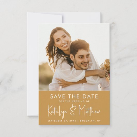Honey Gold Fun Script Modernes Foto Hochzeit Save The Date (Vorderseite)