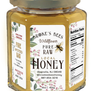 Honey HEX PANEL handbemalt Biene & Blume 16oz JAR Adressaufkleber