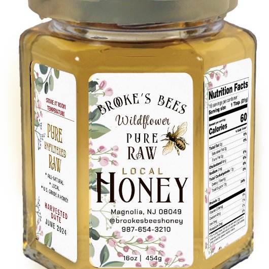 Honey HEX PANEL handbemalt Biene & Blume 16oz JAR Adressaufkleber