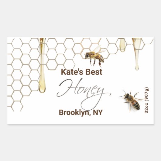 Honey Hexagon Jar Label mit Honigwabe und Bienen Rechteckiger Aufkleber (Vorderseite)