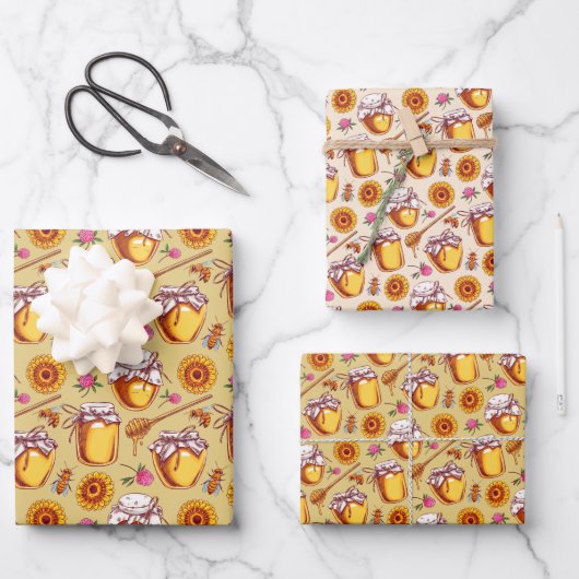 Honey Jar Bees Wrapping Paper Flat Sheet Set 3 Geschenkpapier Set (Vorderseite)