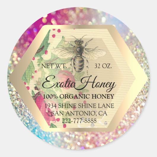 Honey Jar Honeybee Honeycomb Apiary Gold Pink GREE Runder Aufkleber (Vorderseite)