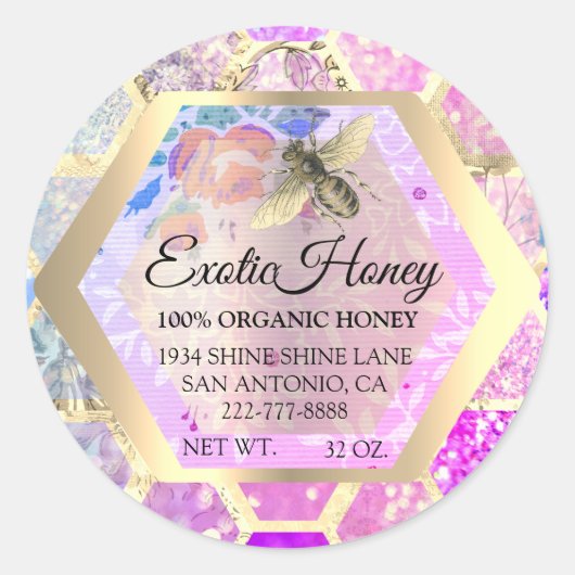 Honey Jar Honeybee Honeycomb Apiary Pink Glitzer Runder Aufkleber (Vorderseite)