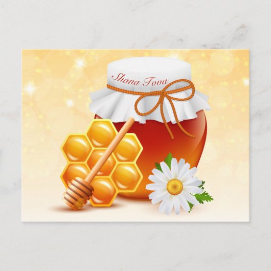 Honey Jar, Honeycomb, Daisy Rosh Hashanah Postkarte (Vorderseite)