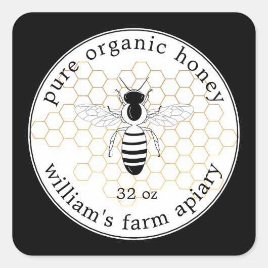 Honey Jar Label Bee Apiary Gold Honeycomb Black Quadratischer Aufkleber (Vorderseite)
