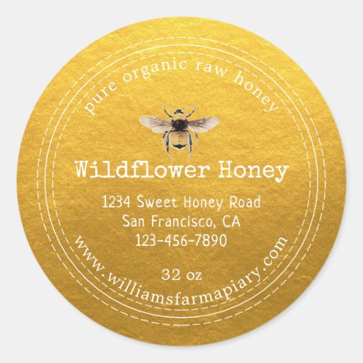 Honey Jar Label Honeybee Apiary Classic Gold Runder Aufkleber (Vorderseite)