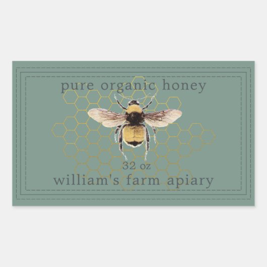 Honey Jar Label Honeybee Apiary Dusty Green Rechteckiger Aufkleber (Vorderseite)