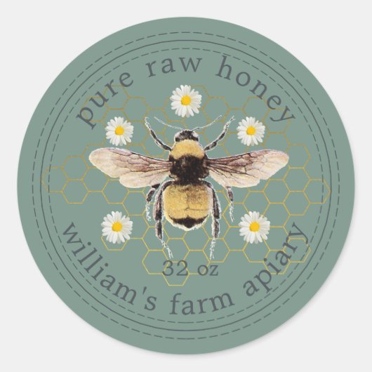 Honey Jar Label Honeybee Apiary Dusty Green Runder Aufkleber (Vorderseite)