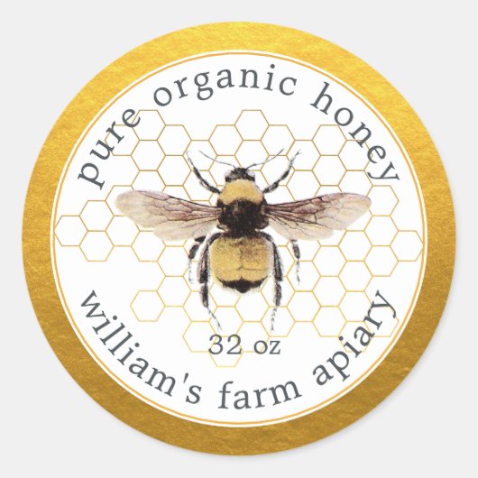 Honey Jar Label Honeybee Apiary Honeycomb Gold Runder Aufkleber (Vorderseite)