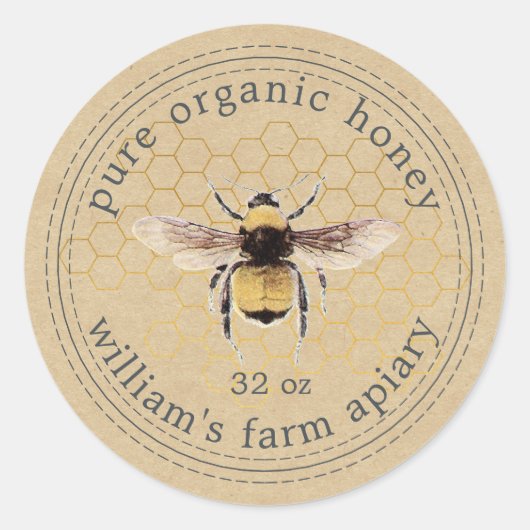 Honey Jar Label Honeybee Apiary Honeycomb Kraft Runder Aufkleber (Vorderseite)