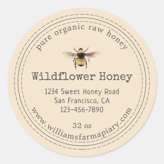 Honey Jar Label Honeybee Apiary Off White Runder Aufkleber (Vorderseite)
