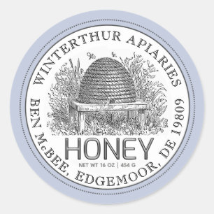 Honey Jar Label (Vintag Skep) Blue Border Runder Aufkleber