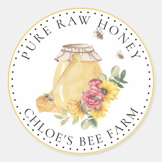 Honey Jar Labels Honey Bees Blume Runder Aufkleber (Vorderseite)