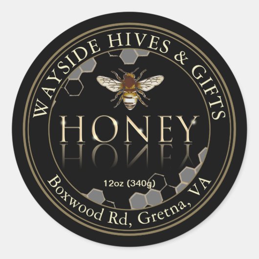 Honey Label Bee and Honeycomb on Black with Border Runder Aufkleber (Vorderseite)