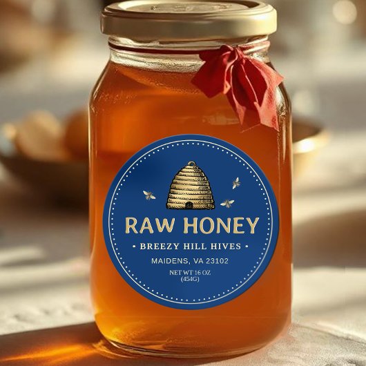 Honey Label Gold Skep mit Bienen gepunktete blaue Runder Aufkleber