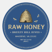 Honey Label Gold Skep mit Bienen gepunktete blaue Runder Aufkleber (Vorderseite)