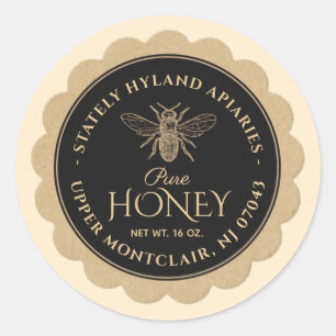 Honey Label Kraft Scallop Border Bee Black Runder Aufkleber