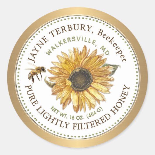 Honey Label Sonnenblume mit Bienengoldgrenze Runder Aufkleber (Vorderseite)