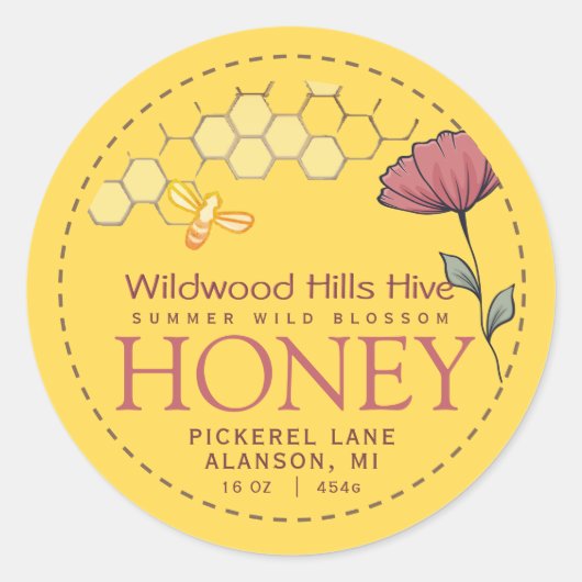 Honey Label Wildblume Bee and Honeycomb Yelllow Runder Aufkleber (Vorderseite)