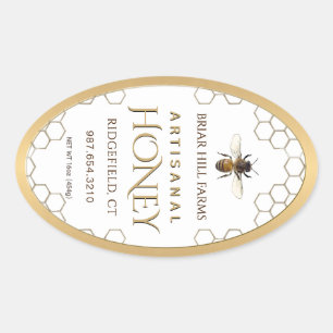 Honey Label with honeycomb, bee and gold border Ovaler Aufkleber