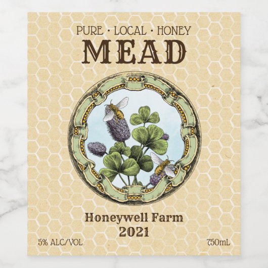 Honey Mead Bee and Clover Weinetikett (Einzelnes Label)