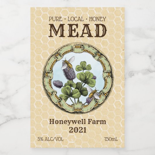 Honey Mead Bee and Clover Weinetikett (Einzelnes Label)