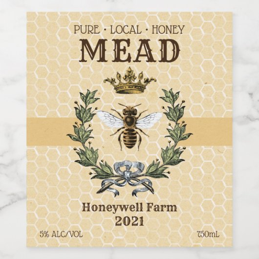 Honey Mead Bee and Crown Weinetikett (Einzelnes Label)