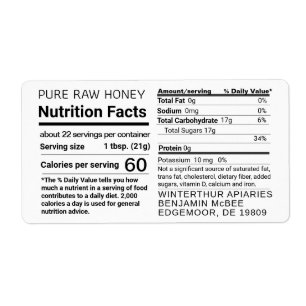 Honey Nutrition Facts Apiary Name Versandlabel