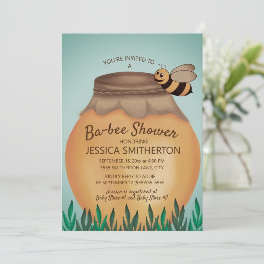 Honey Pot and Honey Bee Baby Shower Einladung (Stehend Vorderseite)
